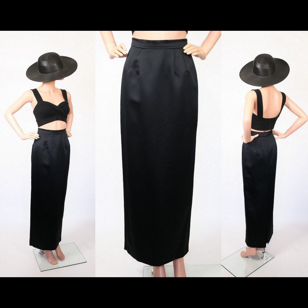 1990s Minimalist Black Satin Column Maxi 90s Skirt